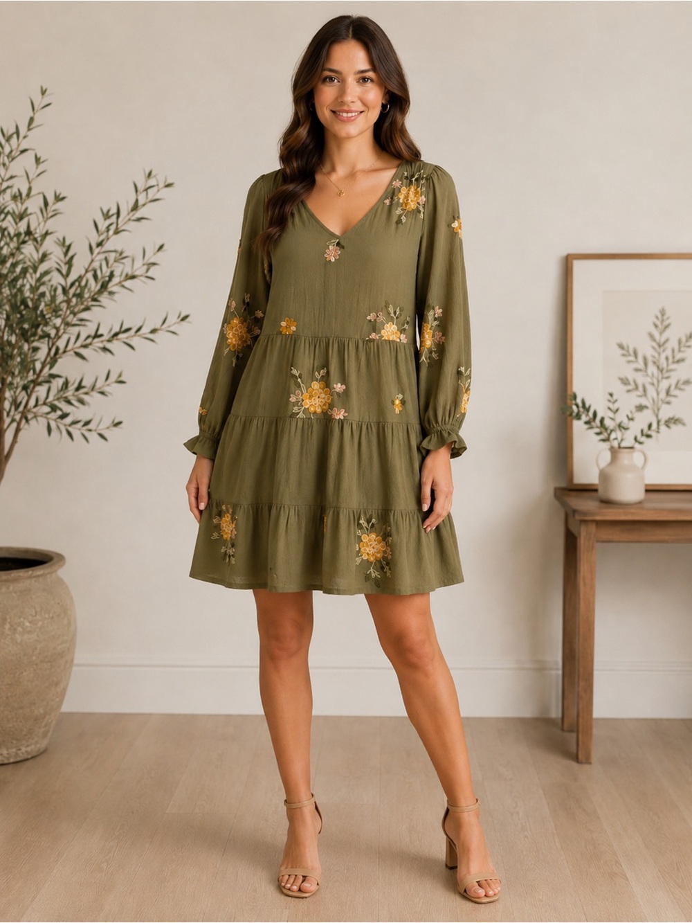 NWOT | Fig & Flower | Embroidered Tiered Babydoll Swing Dress | Olive Floral | M